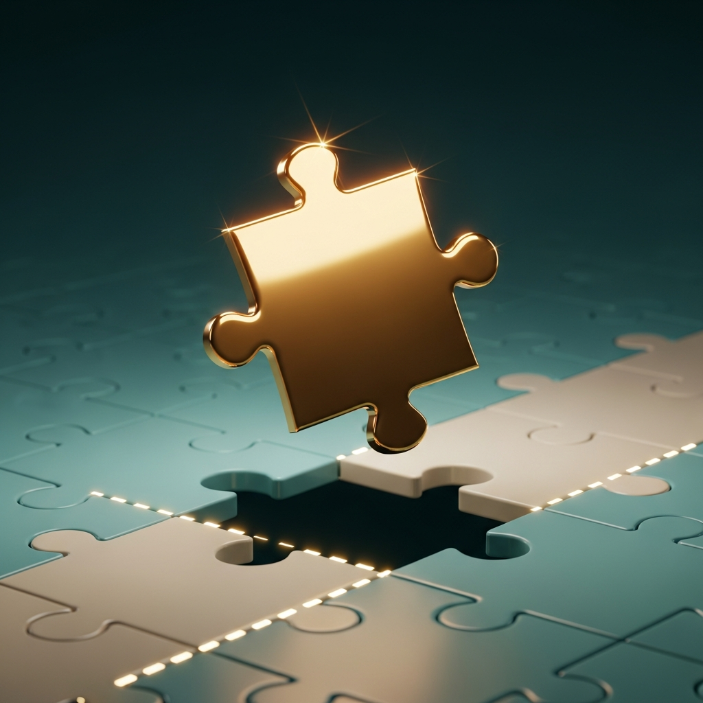 A golden puzzle piece completing the puzzle — finding your missing piece